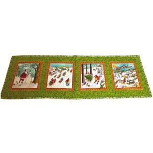 Vintage REVERSABLE Christmas Quilted Table Runner Snow & SPING Birds Green 48x15